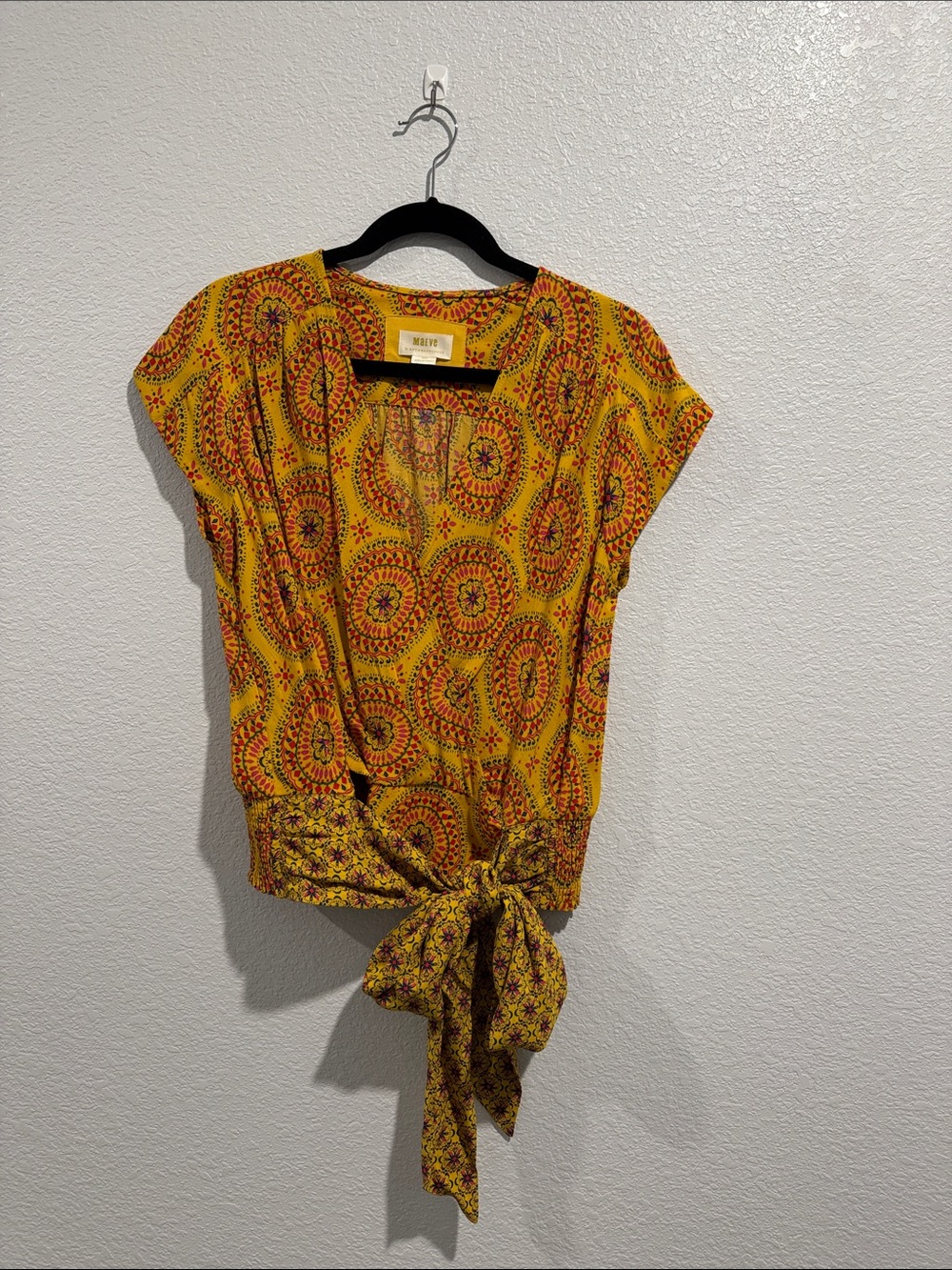 Maeve Mustard Medallion Tie-Front Short Sleeve Blouse